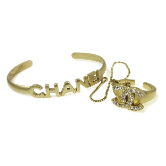 Auth CHANEL CC Logos Rhinestone Bangle Chain Ring - Picture 1 of 5